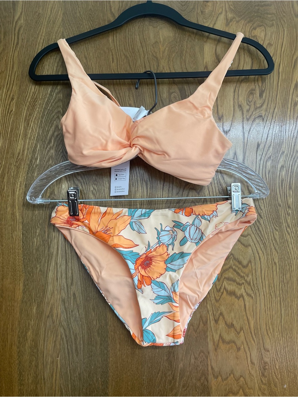 Small swimsuit Peach Twist Bikini Set with Floral Bottoms reversible beach